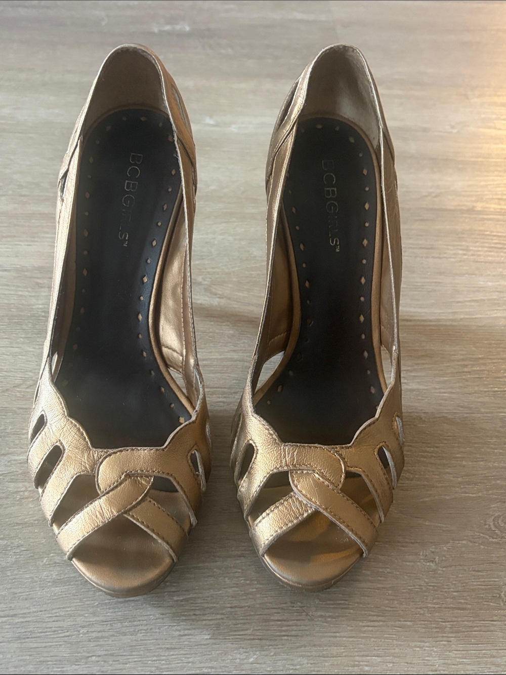 BCBGirls Metallic Bronze Open-Toe Heels
